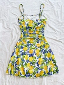 Soleia 女士夏季度假蓝白花卉网眼吊带裙秋季女士服装黄绿连衣裙春季彩色柠檬印花迷你连衣裙，生日连衣裙 - 彩色 - 查看 2
