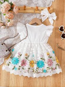 SHEIN 刺绣女婴花卉网眼盖袖派对连衣裙，优雅薄纱连衣裙，白色 - 白色 - 查看 5