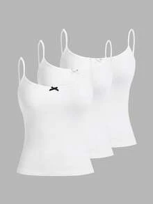 Tseoso Bộ 3 áo hai dây màu trắng dành cho nữ, kiểu dáng ngắn ôm sát, dễ thương, thêu hình bướm, thích hợp cho mùa hè. - Nhiều màu - Xem 8