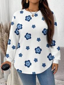 EMERY ROSE Music Festival Textured Floral Print Casual Minimalist Plus Size Sweatshirt,Fall - Multicolor - View 7