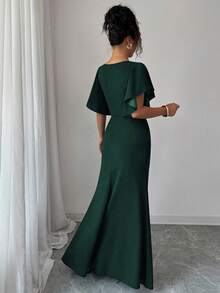 Elenzga Ruffled Sleeve V-Neck Waist Fitted Mermaid Hem Elegant Romantic Women Dress - Army Green - View 2