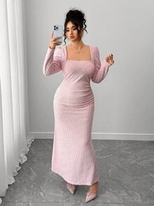 Elenzga Đầm dự tiệc và công sở dáng ôm co giãn cổ vuông tay dài thanh lịch cho nữ cỡ lớn - Hồng - Xem 6