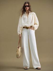 Ontre 2025 New Women's Hollow Embroidery Patchwork Button Lantern Sleeve Loose Fit Casual Office Elegant Teacher's Day Blouse, Suitable For Autumn/Winter