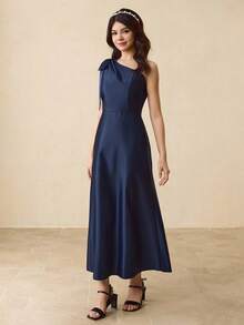 少女斜肩束腰蝴蝶结优雅派对、婚礼、万圣节、圣诞节连衣裙 - 藍色 - 查看 5