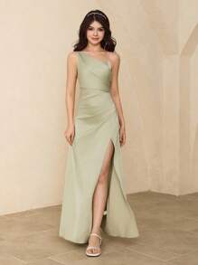 Vestido largo de satén verde menta de un solo hombro con cintas largas y fluidas, elegante para niña adolescente, niña de las flores, baile de graduación, Halloween, Navidad, graduación, boda - Vestido de princesa con ajuste delgado, cola de pez y dobladillo dividido para eventos escolares