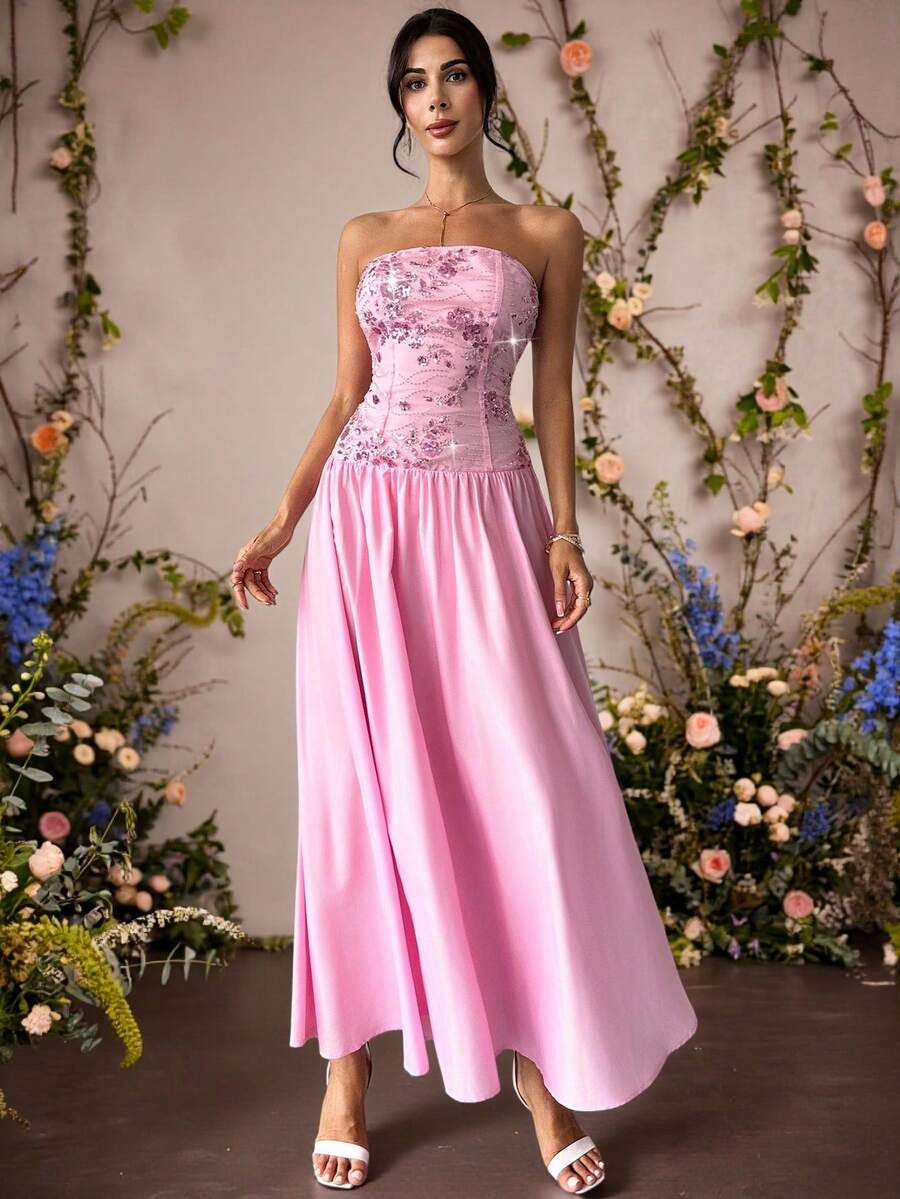 Firerie Váy maxi cao thấp họa tiết hoa sequin màu hồng dành cho nữ, Váy đi nghỉ lãng mạn, Váy phù dâu dự tiệc cưới, Váy maxi không dây thanh lịch, Sang trọng, Gợi cảm, Nghỉ dưỡng, Bãi biển, Boho, Hawaii, Lãng mạn, Hẹn hò, Tiệc tùng, Mùa cưới, Lễ tốt nghiệp, Vũ hội, Trang phục biểu diễn, Hòa nhạc