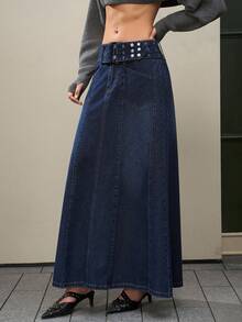 Jeanoix 女式休闲水洗加长牛仔裙 - 藍色 - 查看 3