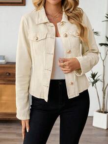 EMERY ROSE Women's Casual Single-Breasted Denim Jacket, Long Sleeve, Autumn - Beige - View 4