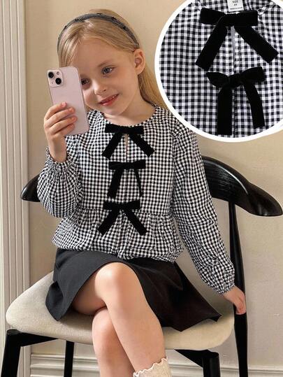 SHEIN Young Girl French Vintage Chic Houndstooth Velvet Color-Block Bow Loose Bishop Sleeve Blouse,Autumn And Winter,Great For Casual & Daily Wear & School Daily,College Style Checkered, Long Sleeve Blouses Bow Blouse Gingham Top Fall