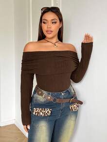 SHEIN EZwear 大码女式休闲露肩巧克力棕色T恤 - 巧克力棕 - 查看 6
