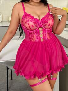 Snug Zone 3pcs Plus Size Mesh Embroidery Lingerie Set - Hot Pink - View 3