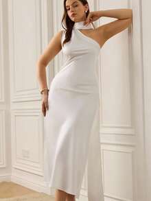 Aveloria Rosie Plus Size Sleeveless Dress With Satin Waist, Asymmetric Shoulder Design, High-End Wrap Skirt And Extra Long Scarf Tie, Party Dress