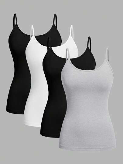 SHEIN EZwear 4pcs/Set Minimalist Casual Women Camisole Tank Tops, Suitable For Summer Back To School