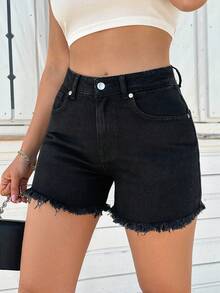 EURMUSE 100%Cotton RAW HEM DETAILED BLACK MINI SHORT - Black - View 4