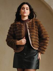 Anewsta Plus Size Women Faux Fur Single-Breasted Long Sleeve Jacket, Fashion For Autumn/Winter - Brown - View 7