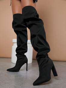 SHUZIA Faux Leather Thigh High Block Heel Boots - Black - View 8