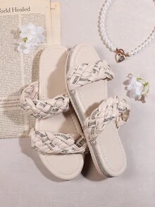 SHUZIA Women's PU Leather Solid Color Flat Sandals With Rhinestone - Beige - View 2