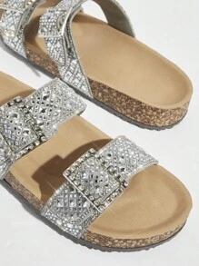 SHUZIA Best Seller Women's Black Silver Luxury Rhinestone Double Buckle Slip-On Cork Arizona Sandals-Comfort Footbed, Glamour,Shining!