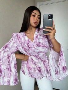 Modelyn Élégante blouse à manches longues pour femmes avec col drapé, fente et poignets à liens, en aquarelle violette