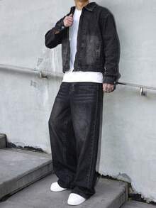 Manfinity EMRG 男士黑色牛仔两件套，拉链牛仔夹克和宽松阔腿裤，秋冬男士阔腿黑色牛仔裤 - 黑色 - 查看 4