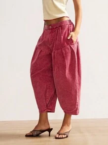 Bohemela 波西米亚风女式休闲纯色复古红色梭织宽松低腰锥形及踝长时尚秋季宽松哈伦裤，复古西部乡村风格音乐会度假，返校，适合秋冬 - 紅色 - 查看 6