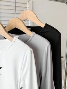 SHEIN 3 件套青少年女孩休闲街头风格星星和蝴蝶结印花褶皱长袖修身针织圆领 T 恤，黑色/白色/灰色，适合日常穿着、居家、上学 - 彩色 - 查看 4
