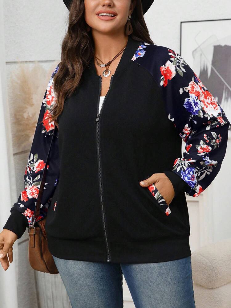 Plus Size Women Fall Casual Long Sleeve Pocket Floral Print Patchwork Black Zip-Up Bomber Jacket,Autumn/Winter,Going Out,2025 New,Fall