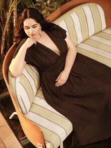 Anewsta Women Plus Size V-Neck Ruched Raglan Sleeve Cinched Waist Long Vacation Beach Dress