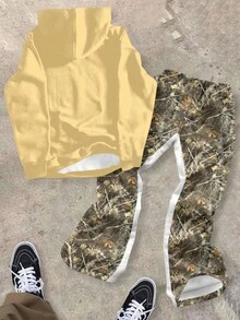 SHEIN 2 件套青少年男孩休闲经典酷炫说唱歌手图案印花连帽衫和阔腿裤套装，饰有狼和裸树枝图案，适合秋冬季 - 彩色 - 查看 2