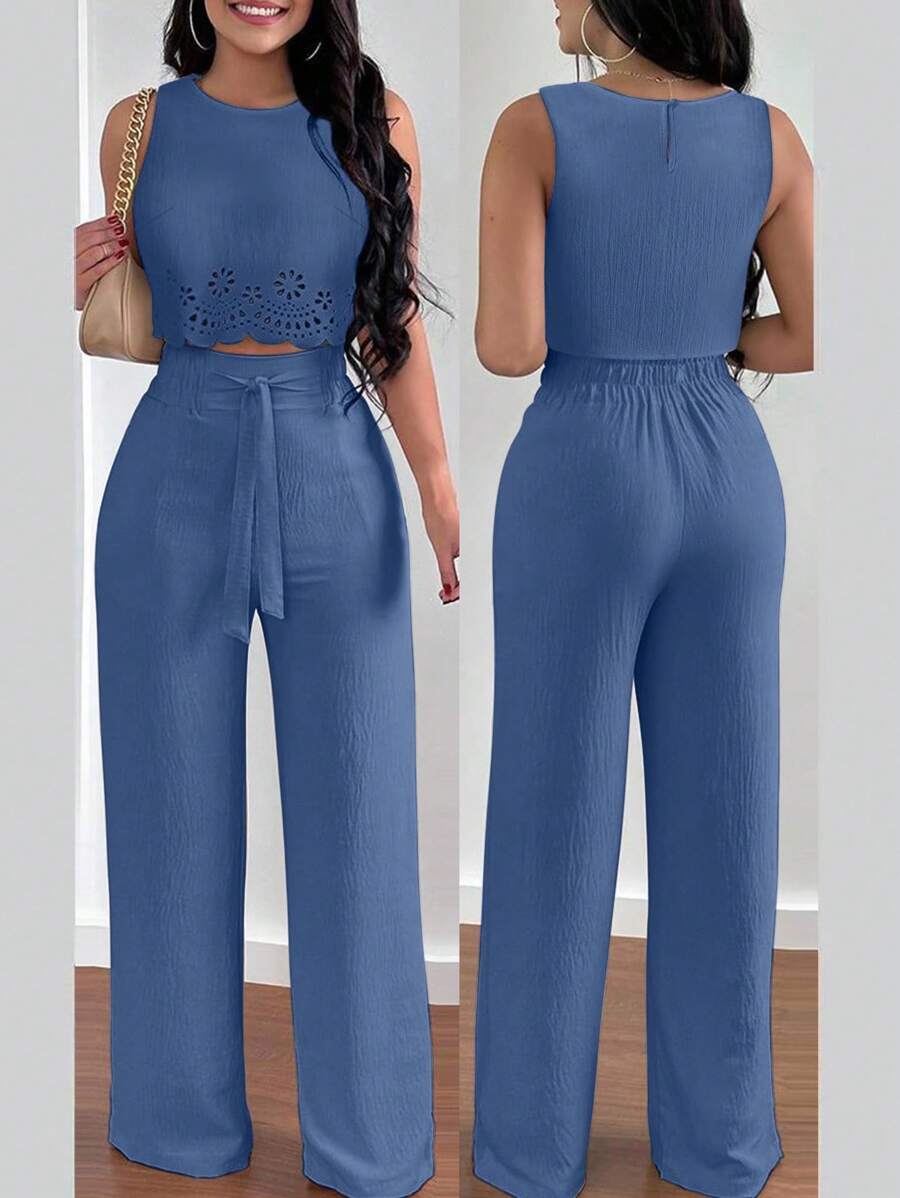 Conjunto de 2 piezas para mujer compuesto por top de tirantes escote en V elegante y pantalones rectos, diseño con lazo hueco - Azul - Ver 1