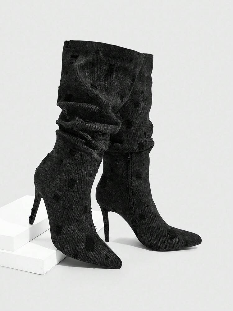 CUCCOO SZL CUCCOO シャーリング ポインテッドトゥ ハイヒール ファッションブーツ レディース