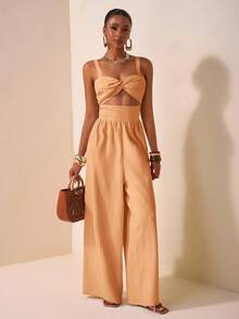 Zivah 2025新款春夏休闲度假扭纹吊带镂空后背纹理面料女长款阔腿裤卡其色婚礼季音乐节派对街头沙滩海边度假波西米亚风-A - 咖啡棕 - 查看 4
