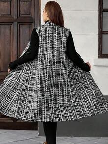 EMERY ROSE 大码女式秋冬口袋格子翻领休闲长款背心夹克 - 黑色 - 查看 2