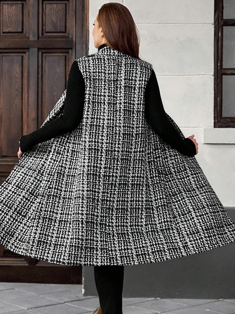 Plus Size Women's Pocket Plaid Lapel Neck Casual Long Vest Coat,Fall,Chic Autumn&,Spring