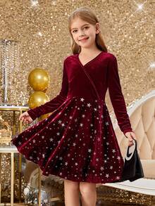 SHEIN Leap Crew Tween Girl Christmas Velvet Star Silver Foil Neck Long Sleeve Dress - Red - View 3