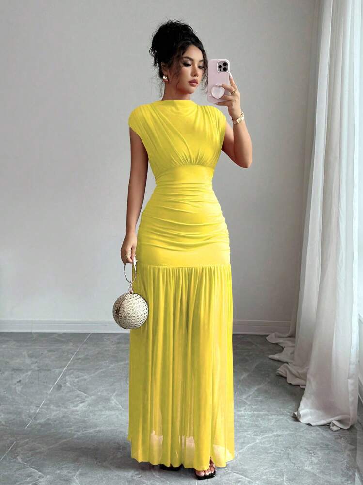 Elenzga Fashionable New Solid Red Mock Neck Sleeveless Sexy Hollow Out Mesh Patchwork Pleated A-Line Dress, Suitable For Graduation Party, Holiday Events, Date - Yellow - View 1
