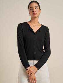 Airaco Áo len cardigan dài tay màu đen cài nút phía trước thoải mái, đa năng dành cho nữ - màu đen - Xem 4