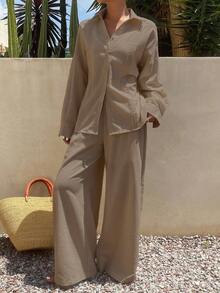 Livesso Women's Summer Solid Color Pleated Shirt And Wide Leg Pants Casual Suit