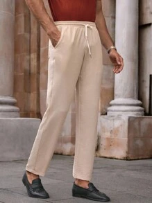 HIMLAND Men's Casual Ice Silk Crinkle Horse Print Mid-Waist Drawstring Tapered Pants, For Fall