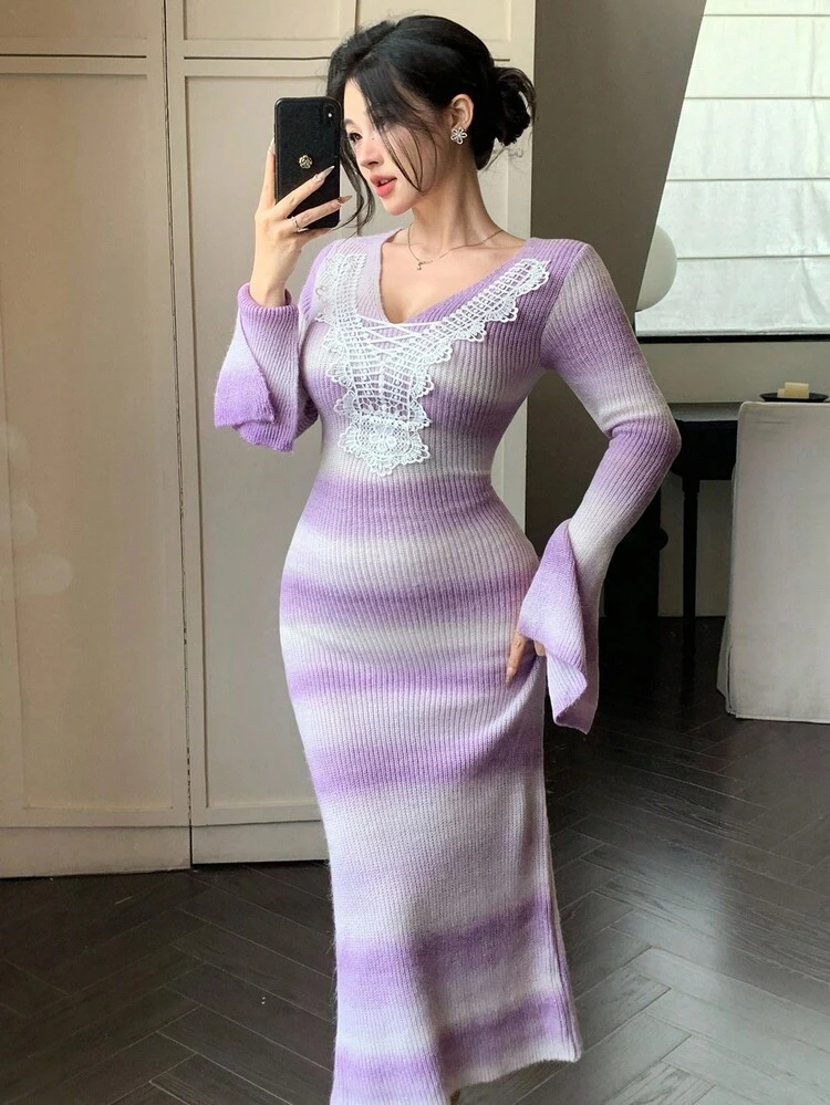 Sexy Fitted Tie-Dye Tie Dye Striped Hollow Lace Patchwork V-Neck Cinched Waist Flare Sleeve High Slit Elegant Wedding Party Maxi Sweater Dress For Women, Autumn/Winter