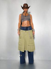 SUMWON WOMEN Quần Jeans Denim Cargo Phối Túi Ống Rộng Baggy Y2K Grunge Festival Quần Jeans Rách Hai Tông Màu Cạp Vừa Thoải Mái Phong Cách Đường Phố Trượt Ván Thời Trang Thu - Màu xanh lam - Xem 5