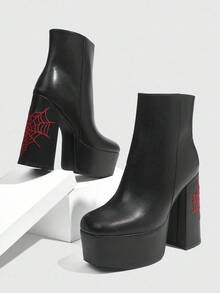 Sugerpunk 方头粗跟户外防水厚底刺绣时尚休闲派对侧拉链女式踝靴，适合春季、春假、复活节和圣诞节穿着。 - 黑色 - 查看 6