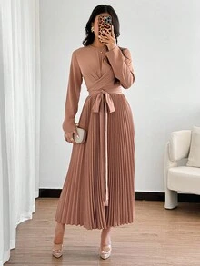 Modelyn Vestido plisado de mujer con cuello redondo, manga larga y cruce envolvente de unicolor - Marrón Mocha - Ver 9