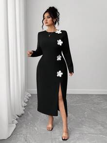 Elenzga Women's Plus Size Black And White 3D Floral Round Neck Straight Dress With Slit Hem,Waist Cinched,Elegant Autumn Dinner Casual Long Fall Dress - Black - View 3