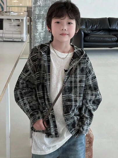 DAZY Tween Boys' Casual Plaid Loose Fit Shirt, Street Style For Autumn Hoodie