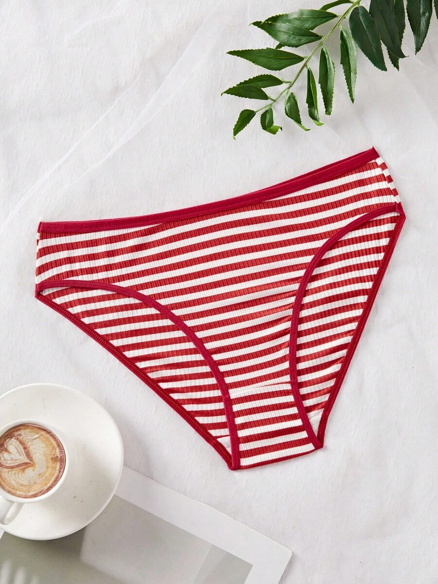 SHEIN 1 件女式罗纹松紧腰休闲内裤 - 紅白色 - 查看 1