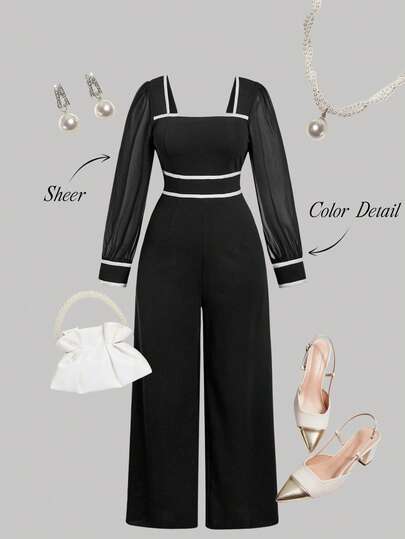 SHEIN MOD 优雅职业黑色针织连体裤，撞色带拼接，透视雪纺灯笼袖，适合毕业、正式场合、办公室，端庄大方