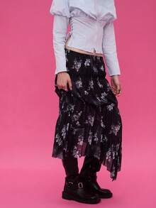 COUREZ Váy maxi lưới in hoa / Trang phục đi chơi phong cách Y2K mùa thu, quần áo mùa đông cho nữ, trang phục Gothic cho câu lạc bộ, trang phục gợi cảm cho nữ. - màu đen - Xem 6