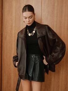 SHEIN Unity 女士宽松休闲宽翻领时尚 PU 皮夹克