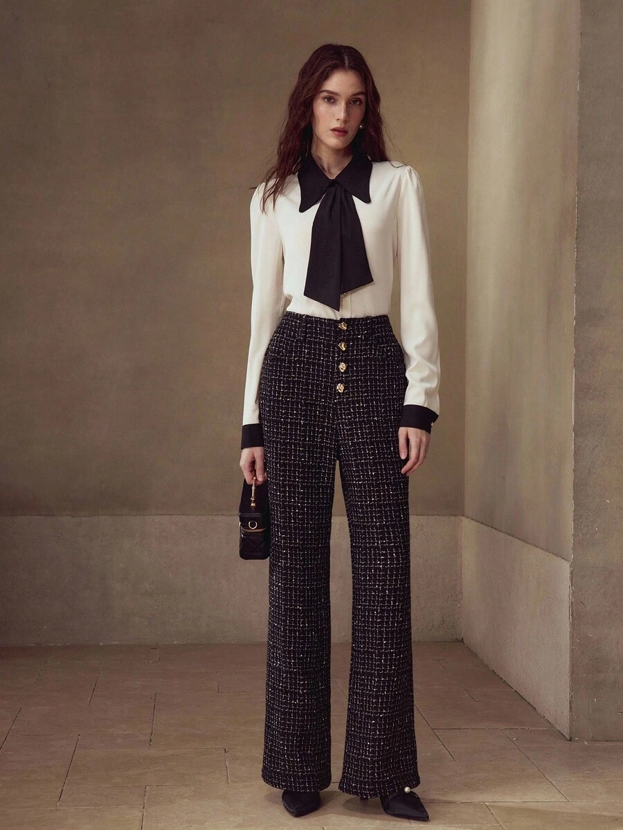 MOTF PREMIUM TWEED PLAID PATTERN METAL BUTTON FRONT FLARE LEG PANTS - Black - View 1